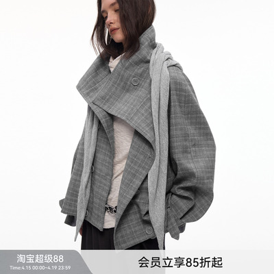 【都市漫行家】BiLLconch高智感·灰色格纹翻领格子外套披肩风衣