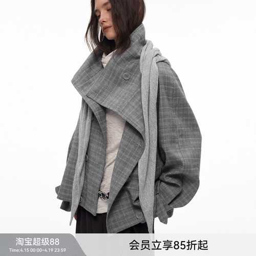 【都市漫行家】BiLLconch高智感·灰色格纹翻领格子外套披肩风衣