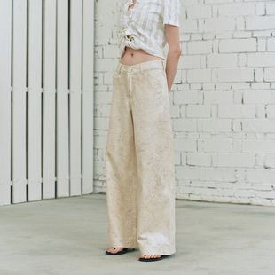 BiLLconch米白色低腰直筒裤 花纹阔腿简约文艺休闲裤 印花长裤