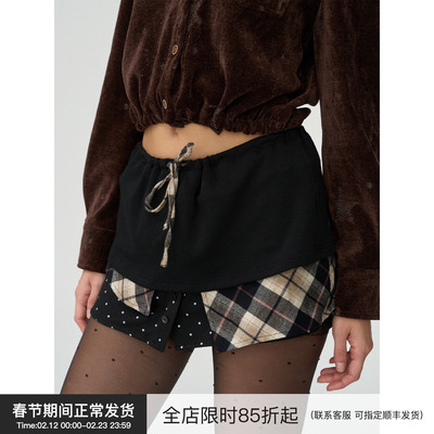 【层次剪裁】BiLLconch多材质拼接不规则下摆半身裙抽绳腰头短裙