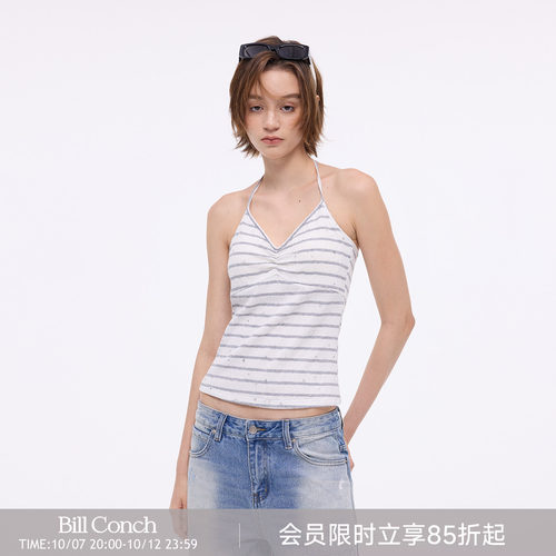 【闪闪星】BiLLconch灰白条纹吊带v领修身外穿背心自带胸垫