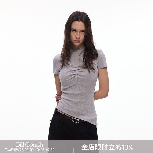 【女神轮廓】BiLLconch半高领胸部抽褶短袖T恤女100%棉修身上衣