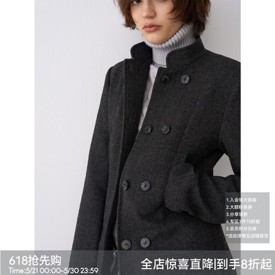 【赫本记忆】BiLLconch黑色经典立领毛呢外套收腰显瘦西装大衣女