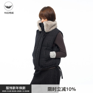 BiLLconch羊毛格子羽绒马甲90白鸭绒坎肩毛领外套女 暖绒格调