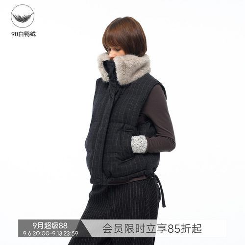 【暖绒格调】BiLLconch羊毛格子羽绒马甲90白鸭绒坎肩毛领外套女