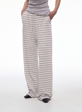 【闪闪星】BiLLconch灰白条纹休闲阔腿裤女松紧腰垂感拖地长裤