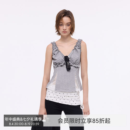 【织梦芭蕾】BiLLconch灰色蕾丝拼接吊带背心女修身显瘦两穿上衣
