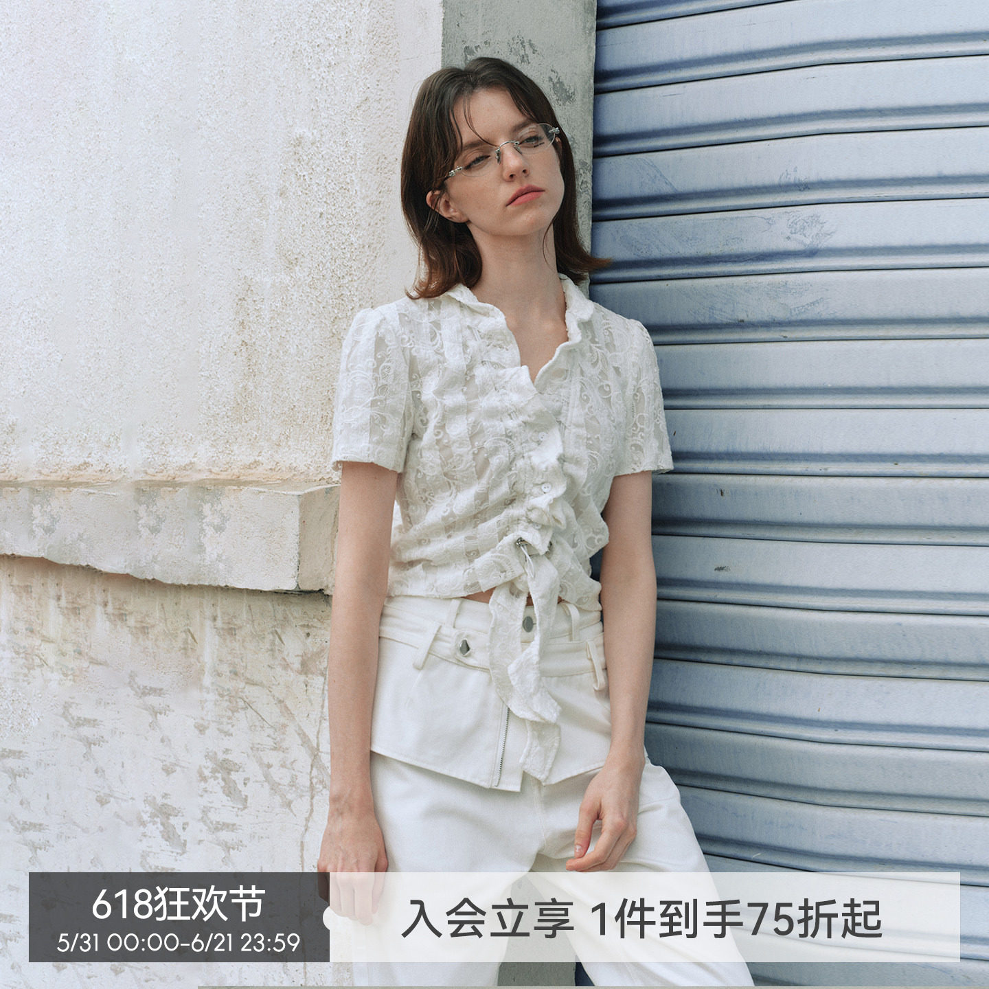 【未完成波浪】BiLLconch原创蕾丝抽皱荷叶飘带上衣浅色系短袖