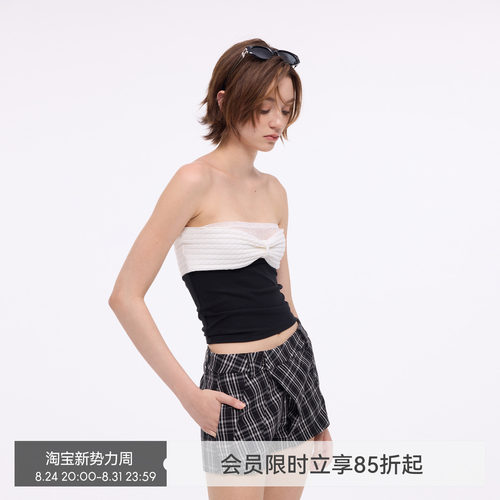 【黑白山茶】BiLLconch撞色蝴蝶结抹胸蕾丝拼接氛围感辣妹上衣