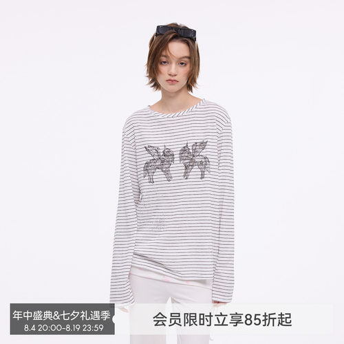 【烟花小马】BiLLconch烫钻条纹长袖t恤女小马印花薄款罩衫上衣