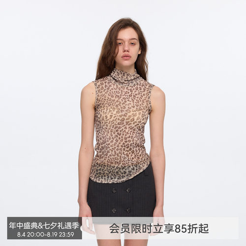 【薄雾猎手】BiLLconch复古豹纹半高领无袖背心网纱打底辣妹上衣