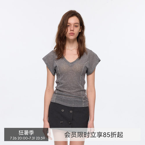 【钻石微光】BiLLconch设计感镶钻v领短袖t恤女拼接显瘦上衣夏季