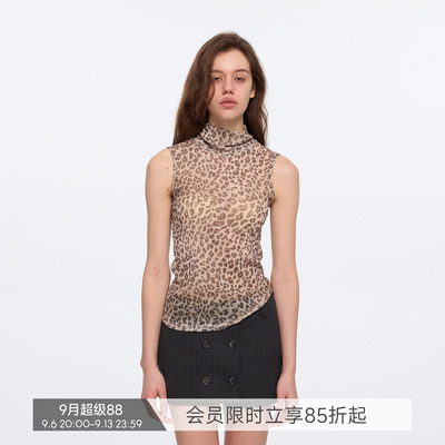 【薄雾猎手】BiLLconch复古豹纹半高领无袖背心网纱打底辣妹上衣