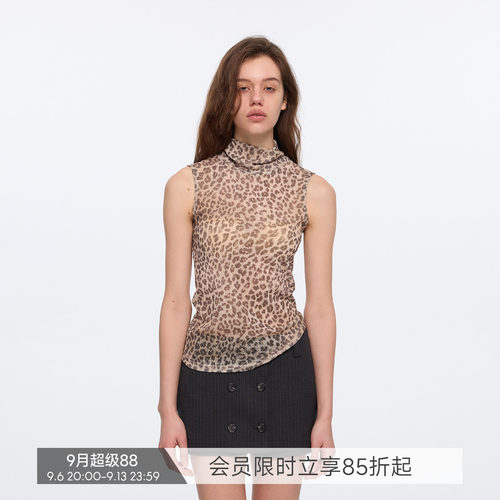 【薄雾猎手】BiLLconch复古豹纹半高领无袖背心网纱打底辣妹上衣