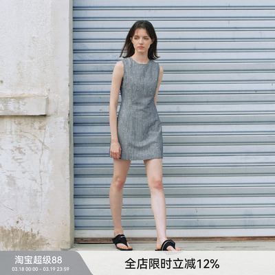 【不完美钻石】BiLLconch亚麻破洞烫钻无袖修身连衣裙复古千金风