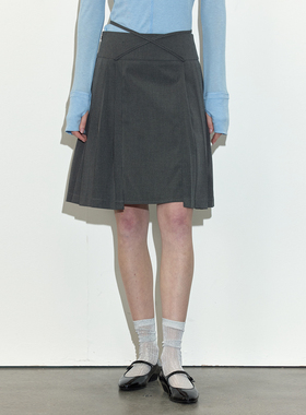 【绑带百褶】Berlinconch灰色高腰a字半身裙复古学院风2024年秋冬
