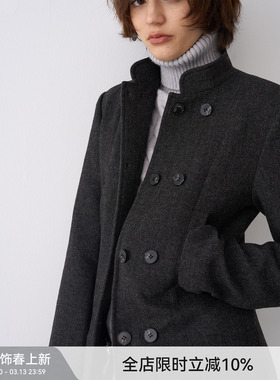 【赫本记忆】BiLLconch黑色经典立领毛呢外套收腰显瘦西装大衣女