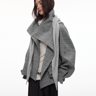 BiLLconch高智感·灰色格纹翻领格子外套披肩风衣 都市漫行家
