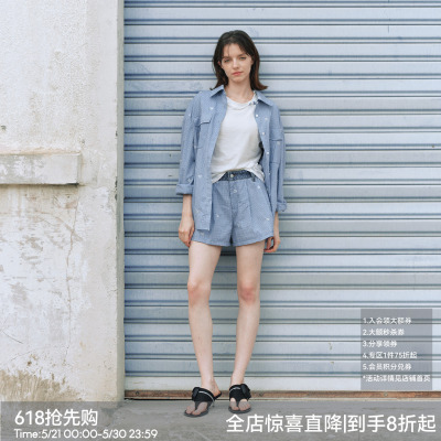 【解构航线】BiLLconch100%棉牛仔腰蔚蓝船舵短裤夏日热裤宽松