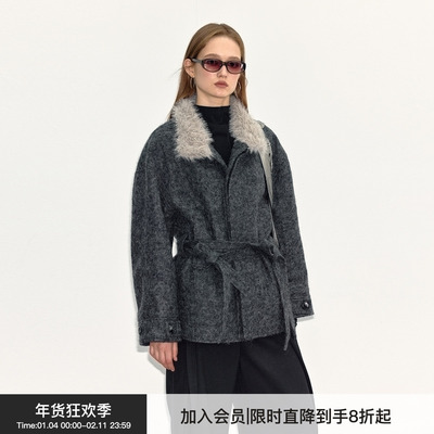 【翻领大衣】BiLLconch灰色毛领羊毛大衣外套复古百搭原创巴恩风