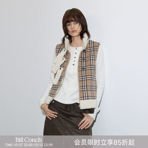 【英伦绒格】BiLLconch经典复古格纹马甲女仿羊羔毛拼接立领背心