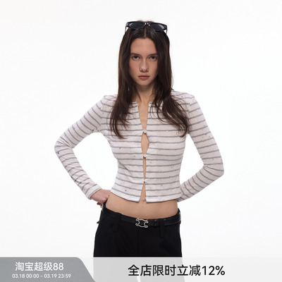 【闪闪星】BiLLconch灰白条纹星星短款上衣露脐辣妹风针织开衫女