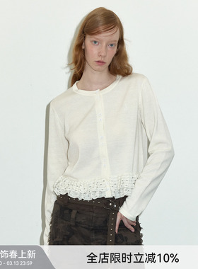 【柔软羊毛】Berlinconch白色波点花边针织开衫上衣女2024年秋冬