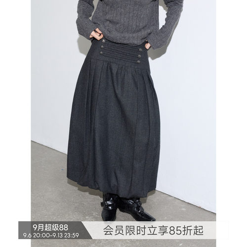 【量感花苞】BiLLconch原创重工花苞半身裙女羊毛人字纹百褶长裙
