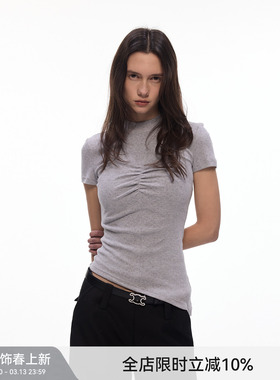 【女神轮廓】BiLLconch半高领胸部抽褶短袖T恤女100%棉修身上衣