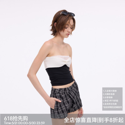 【黑白山茶】BiLLconch撞色蝴蝶结抹胸蕾丝拼接氛围感辣妹上衣