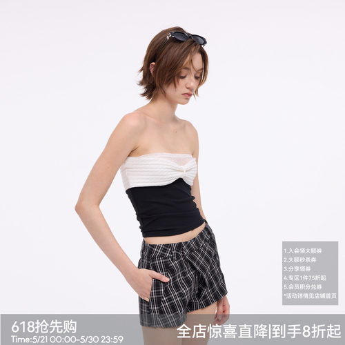 【黑白山茶】BiLLconch撞色蝴蝶结抹胸蕾丝拼接氛围感辣妹上衣