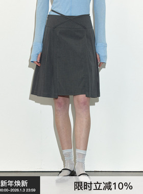 【绑带百褶】Berlinconch灰色高腰a字半身裙复古学院风2024年秋冬