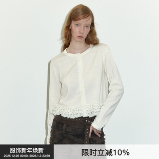 上衣女2024年秋冬 Berlinconch白色波点花边针织开衫 柔软羊毛