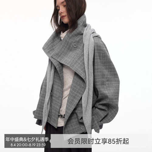 【都市漫行家】BiLLconch高智感·灰色格纹翻领格子外套披肩风衣