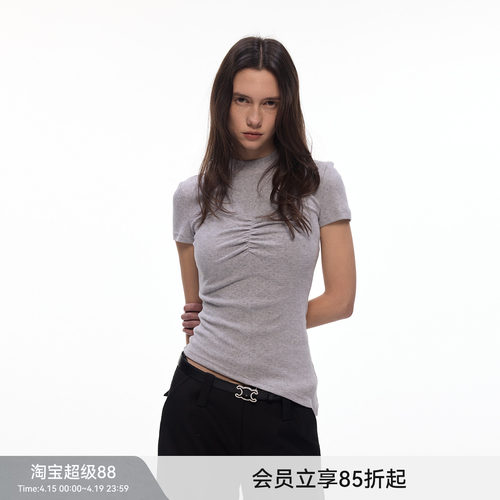 【女神轮廓】BiLLconch半高领胸部抽褶短袖T恤女100%棉修身上衣