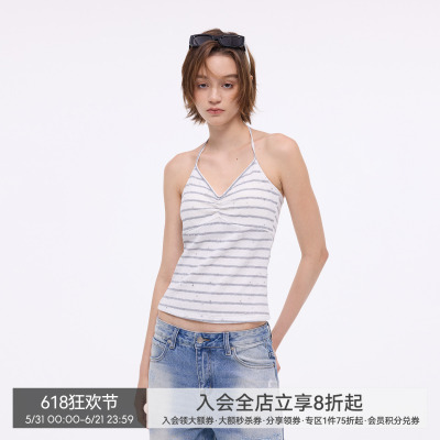 【闪闪星】BiLLconch灰白条纹挂脖吊带v领修身显瘦外穿背心女夏