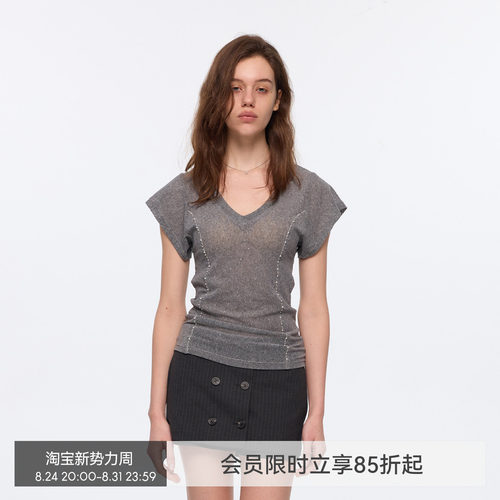 【钻石微光】BiLLconch设计感镶钻v领短袖t恤女拼接显瘦上衣夏季