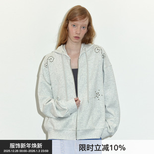 外套2024年秋冬 Berlinconch灰色宽松连帽拉链开衫 铆钉卫衣