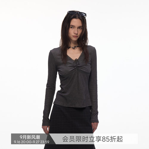 【雾染绑带】BiLLconch抽褶V领绑带长袖T恤女显瘦设计感打底衫