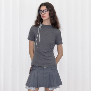 绑带设计短袖 丝绒绑带 Berlinconch新款 上衣女 复古修身