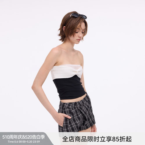 【黑白山茶】BiLLconch撞色蝴蝶结抹胸蕾丝拼接氛围感辣妹上衣