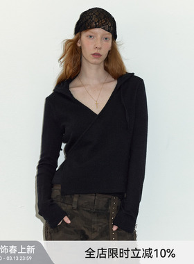 【百搭实穿】Berlinconch黑色V领连帽针织衫女开衫上衣2024年秋冬
