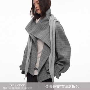 【都市漫行家】BiLLconch高智感·灰色格纹翻领格子外套披肩风衣