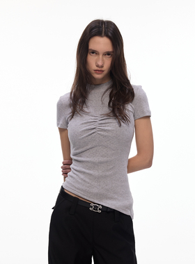 【女神轮廓】BiLLconch半高领胸部抽褶短袖T恤女100%棉修身上衣