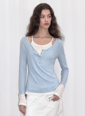 【天丝羊毛】Berlinconch蓝色假两件针织衫吊带拼接T恤上衣春夏