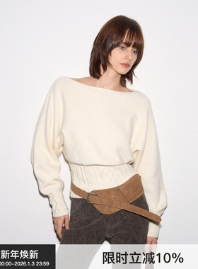 【古早显瘦】BiLLconch羊绒混纺一字领毛衣收腰打底针织衫上衣女