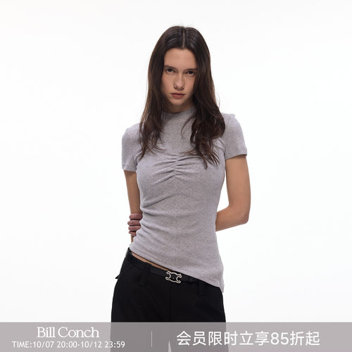 【女神轮廓】BiLLconch半高领胸部抽褶短袖T恤女100%棉修身上衣