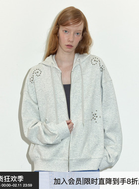 【铆钉卫衣】Berlinconch灰色宽松连帽拉链开衫外套2024年秋冬