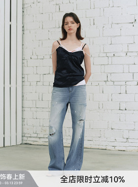 【AC_100】BiLLconch醋酸双肩带刺绣吊带背心春夏蝴蝶结缎面上衣