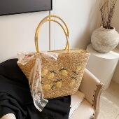 左杏 手工包柠檬刺绣草编包大容量手提编织包法式 单肩海边度假包